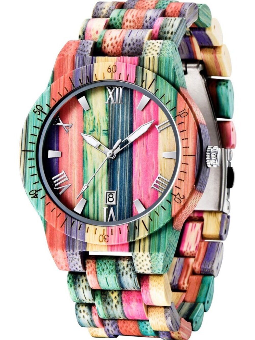 Men's Multi Color Analog Quartz Handmade Colorful Bamboo Engraved Wooden Watch